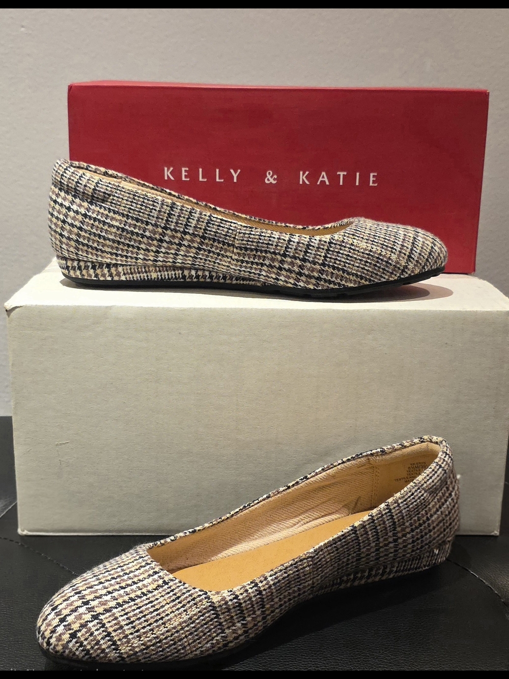 Kelly & Katie Plaid Ballet Flats in Beige and Navy
